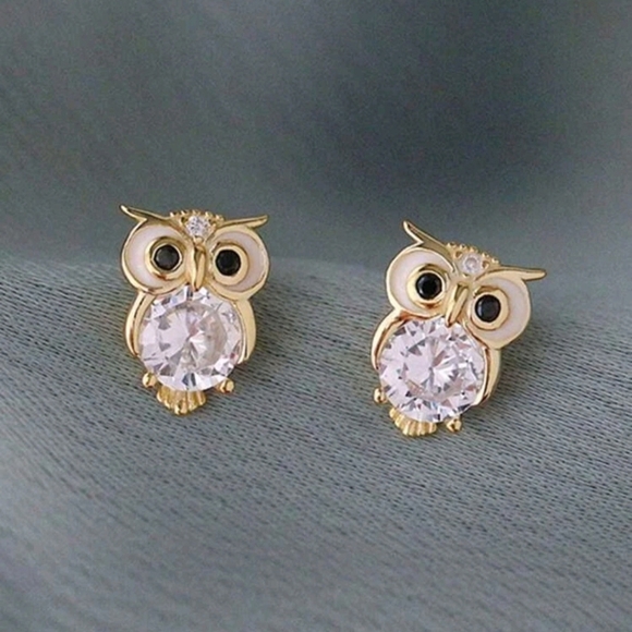 Owl Charm Stud Earrings Cubic Zirconia Gold - Brand New - Picture 2 of 3